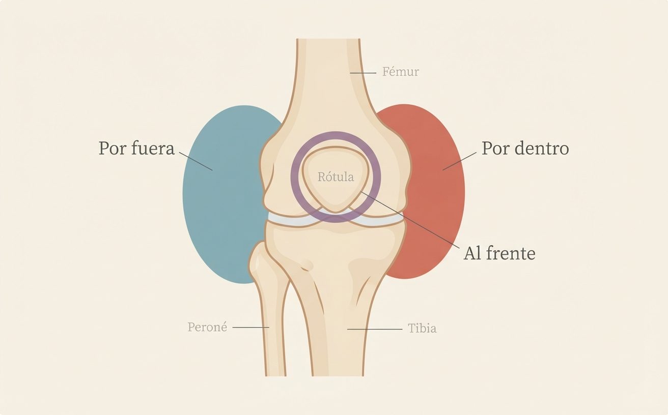 Esquema de la rodilla derecha vista de frente, con fémur, rótula, tibia y peroné. El peroné, el hueso delgado, aparece por el lado de fuera. Se marcan tres zonas de dolor: por fuera, del lado del peroné; por dentro, del lado que mira a la otra pierna; y al frente, en un anillo alrededor de la rótula.