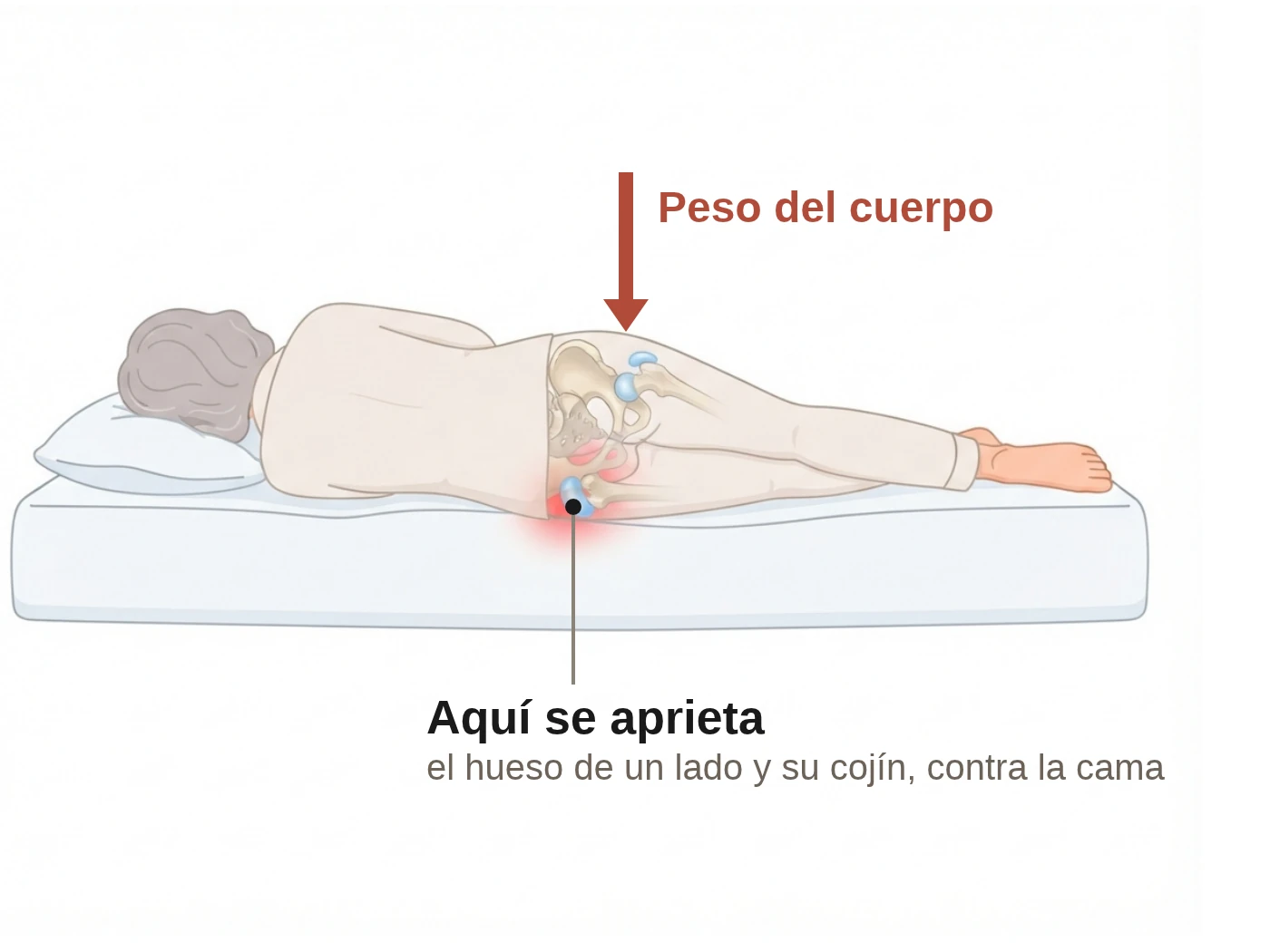 Ilustración de una mujer dormida de lado sobre un colchón, vista de espaldas, con la pelvis y las dos caderas dibujadas por transparencia. Una flecha roja marca el peso del cuerpo sobre la cadera, y un punto señala la cadera de abajo: el hueso de un lado y su cojín, la bursa, apretados contra la cama.